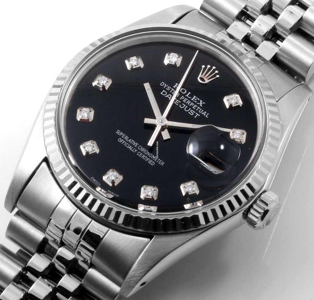 Réplique de qualité Rolex SS 36mm Datejust Custom Black Diamond Dial Factory Or blanc Lunette cannelée Jubilee Band